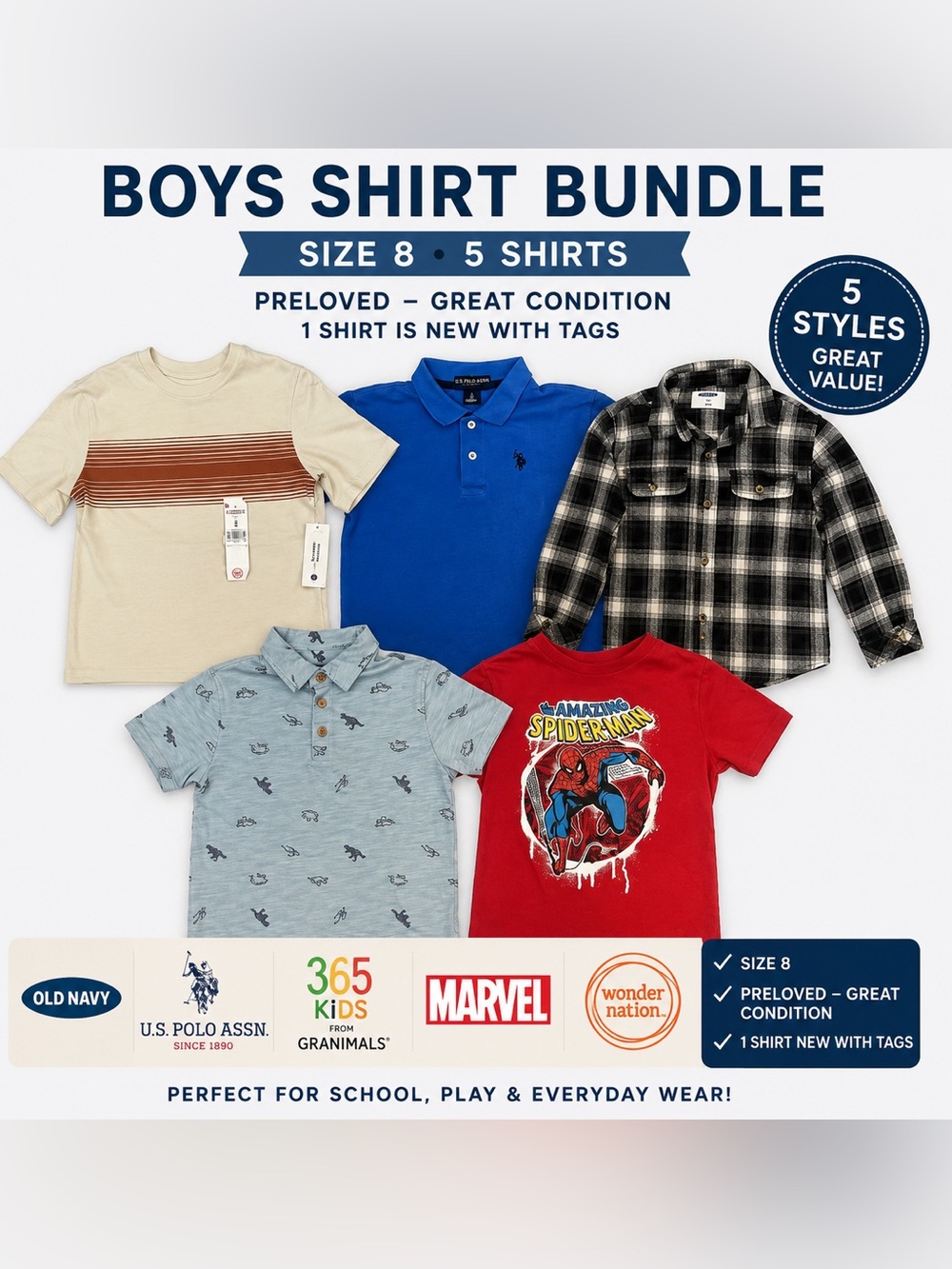 Boys Size 8 Shirt Bundle – 5 Piece Lot | Old Navy, Marvel, US Polo Assn, & More!